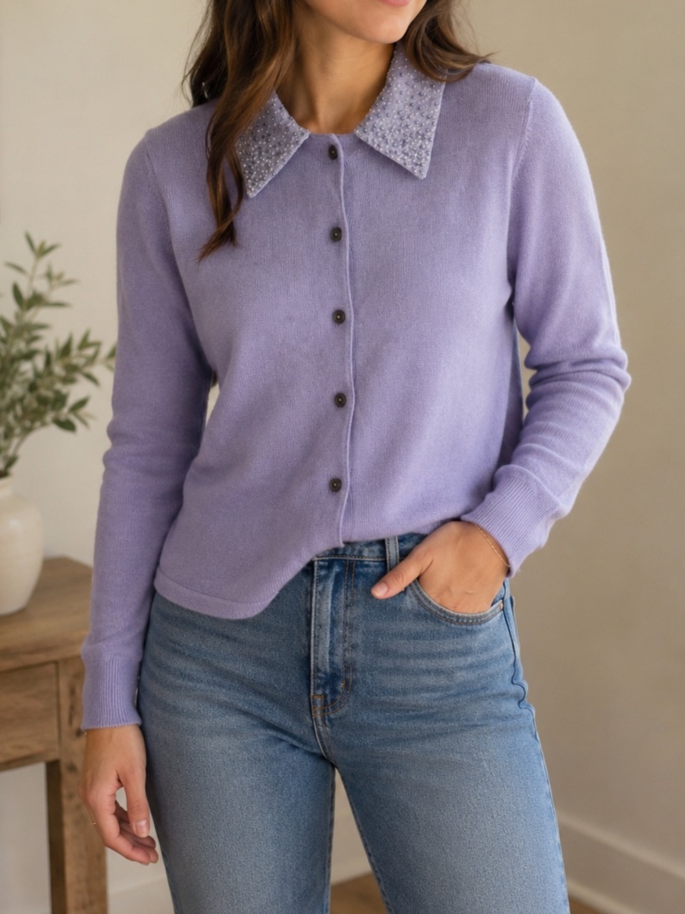 Magaschoni Lavender Wool Cardigan Beaded rayon silk Collar Vintage Y2K